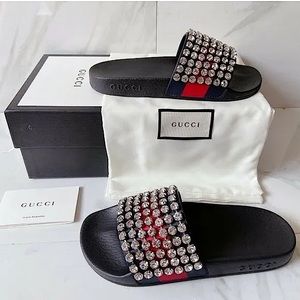 NWT Gucci Crystal Embellished Red Blue Web Rubber Slides Size 6